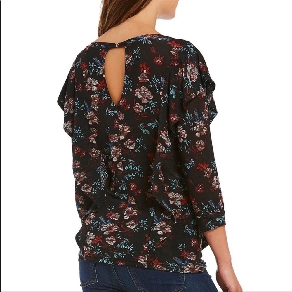 Free People Black Floral Sheer Ruffle Top M